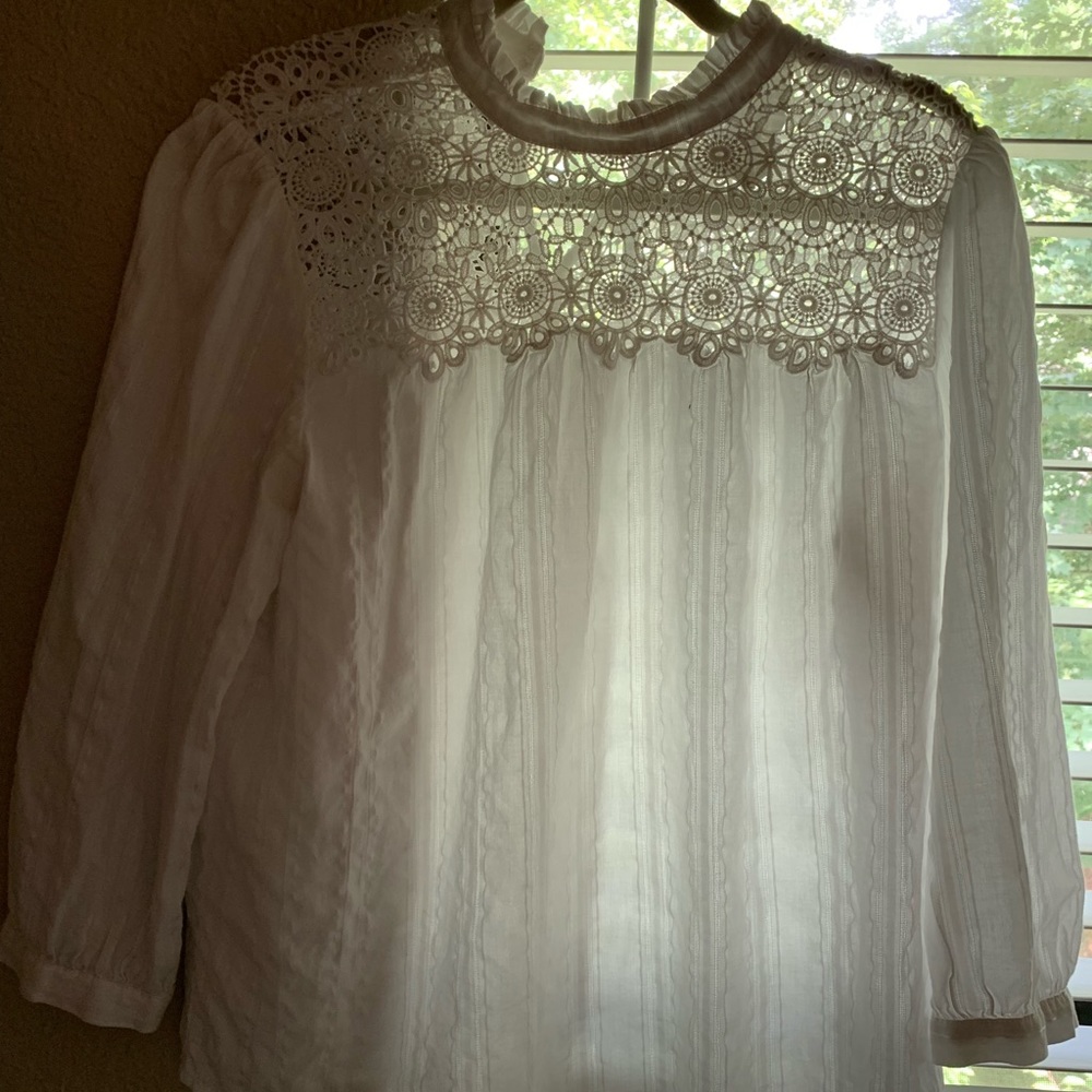White Lacey cotton half mock neck shirt